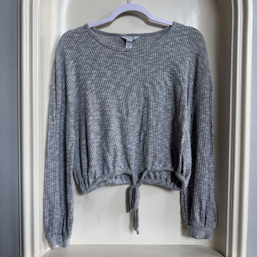 Arizona Jean Company Grey Ribbed Tie Waist Long Sleeve Crop Top Sweater Size S